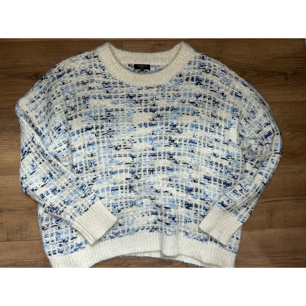 FRNCH $92 Crewneck Metallic Multi-Yarn Knit Winter Sweater White‎ Blue S/M EUC